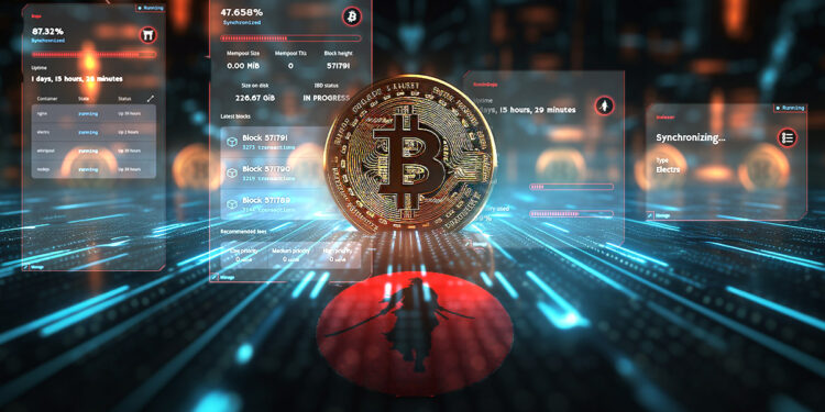 moneda de bitcoin en interfaz digital con logo de ronin dojo