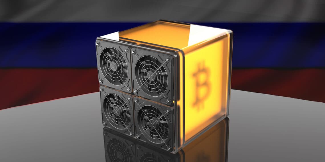 Minero de bitcoin con bandera de Rusia.