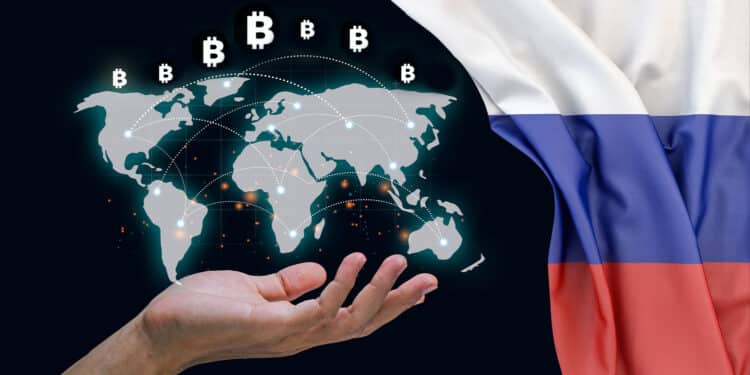 Bandera de Rusia junto a transacciones internacionales de bitcoin.