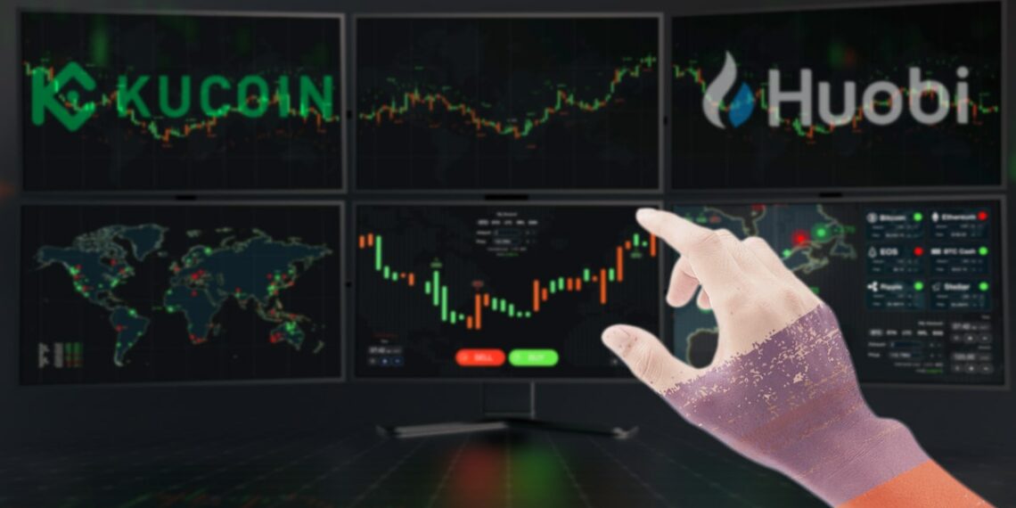 mano con bandera de rusia pintada señalando pantallas de computadora con graficos de precio y logos de Kucoin y Huobi