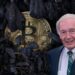 Senador Ed Markey con moneda de bitcoin entre carbones en el fondo