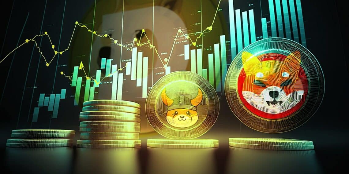 monedas de Floki y shiba Inu con rafico alcista y logo de dogecoin en el fondo