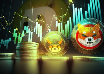 monedas de Floki y shiba Inu con rafico alcista y logo de dogecoin en el fondo