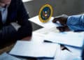 persona entregando documento con logo de la SEC a persona sentada en mesa con documentos apilados