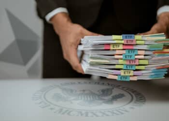 persona sosteniendo solicitudes de ETF sobre escritorio con logo de la SEC y logo de ethereum en el fondo