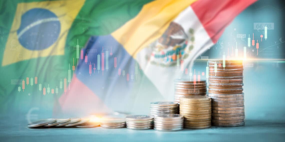 Banderas de Brasil, Colombia y México junto a monedas stablecoins.