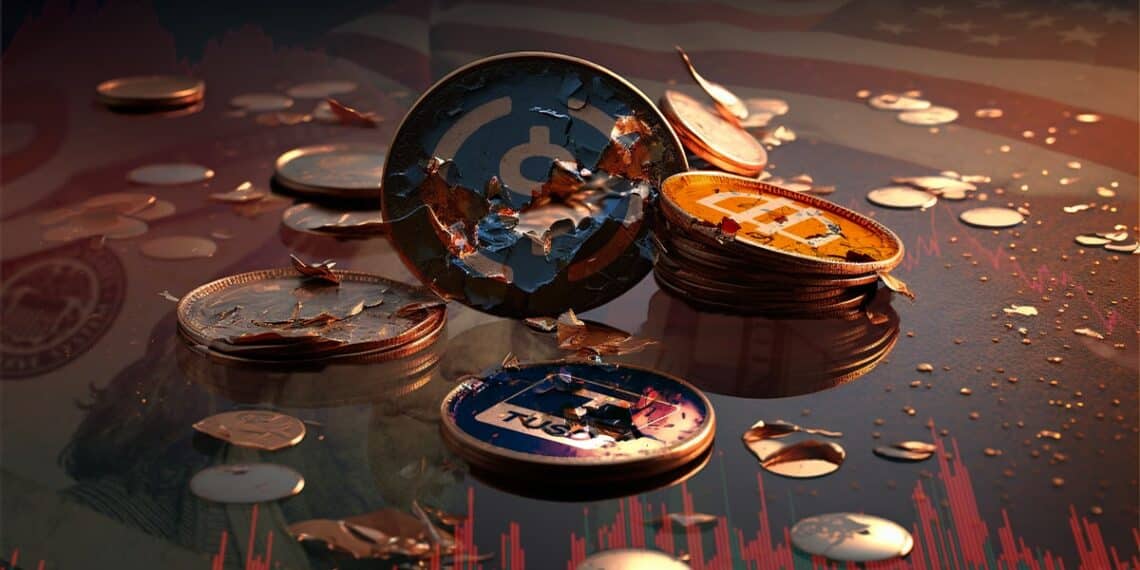 monedas de las stablecoins USDC, DAI y TrueUSD deterioradas sobre superficie de vidrio con grafico de precio bajista dolares y bandera de estados unidos en el fondo