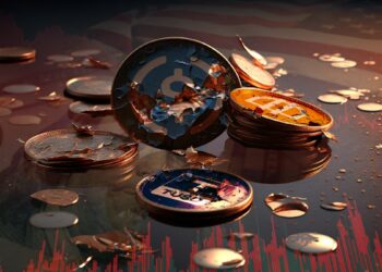 monedas de las stablecoins USDC, DAI y TrueUSD deterioradas sobre superficie de vidrio con grafico de precio bajista dolares y bandera de estados unidos en el fondo