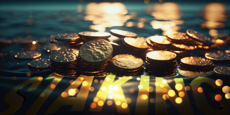 monedas apiladas sobre agua con stakik reflejado