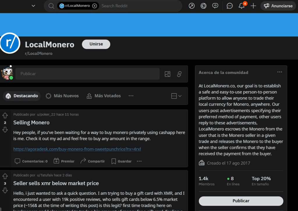 Sub-reddit de LocalMonero.