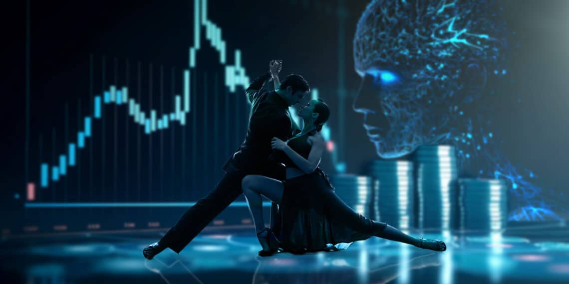 holograma de pareja bailando tango sobre superficie de cristal con grafico de precio, monedas apiladas e inteligencia artificial en el fondo