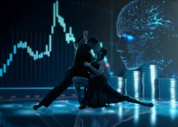 holograma de pareja bailando tango sobre superficie de cristal con grafico de precio, monedas apiladas e inteligencia artificial en el fondo