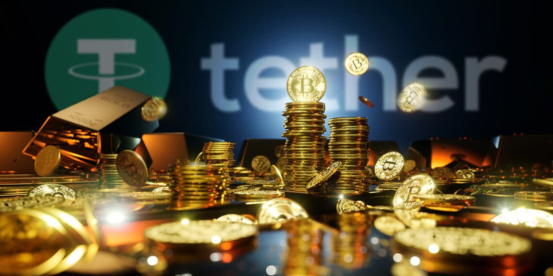 monedas de bitcoin apiladas junto a lingotes de oro con logo de Tether en el fondo