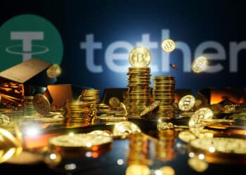 monedas de bitcoin apiladas junto a lingotes de oro con logo de Tether en el fondo