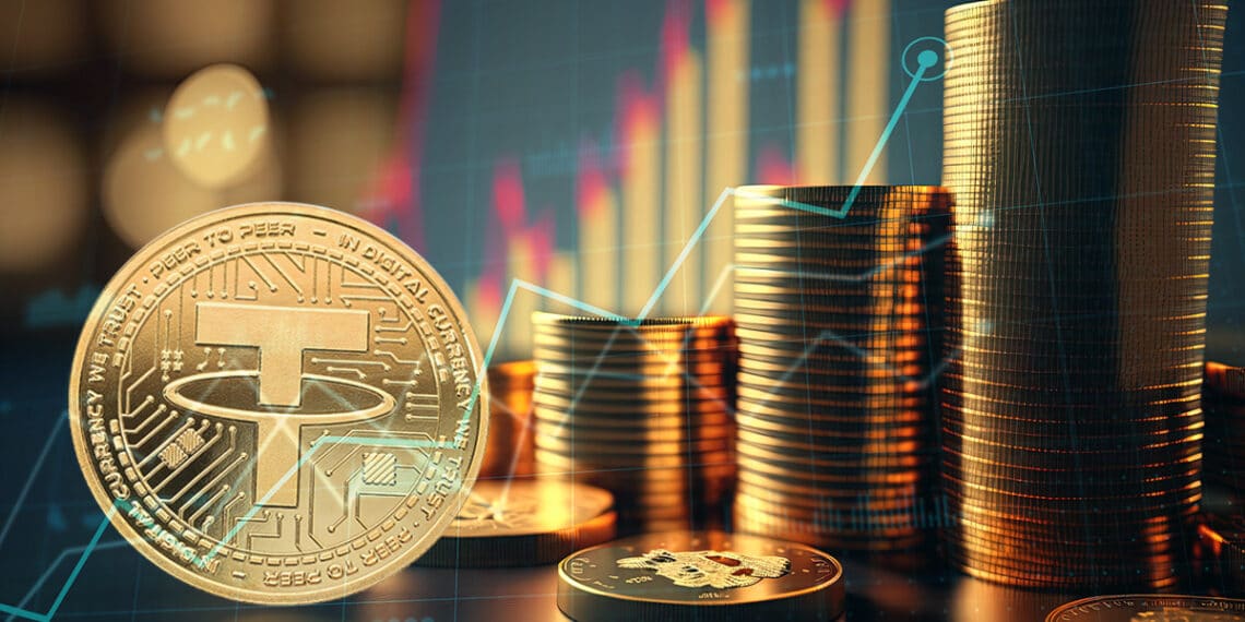 moneda de tether junto a monedas apiladas con graficos alcistas en el fondo