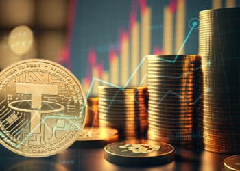moneda de tether junto a monedas apiladas con graficos alcistas en el fondo