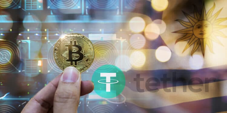 mano sosteniendo moneda de bitcoin con mineros asic en el fondo junto a bandera de Uruguay y logo de tether