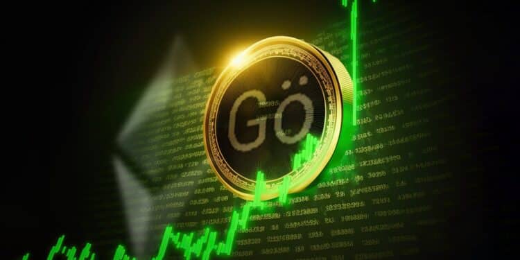 moneda con logo de Goerli sobre grafico de precio e aumento con código y logo de ethereum en el fondo