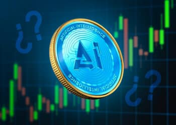 token IA, gráfico de mercado y signos de pregunta.