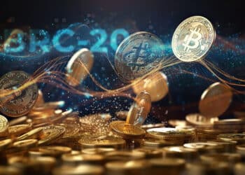 monedas de bitcoin cayendo con red digital y BRC-20 en el fondo