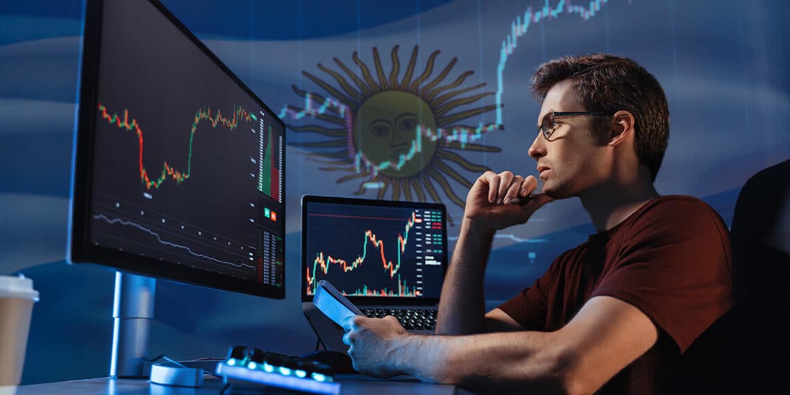 trader estudiando graficos de precio en pantallas de computadora con bandera de Argentina y grafico de precio en el fondo