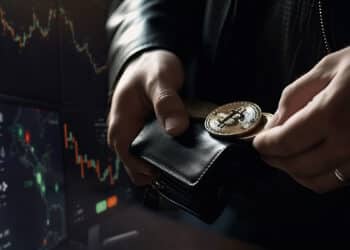 mano sosteniendo monedas de bitcoin con pantallas de computadoras con plataformas de exchanges en el fondo