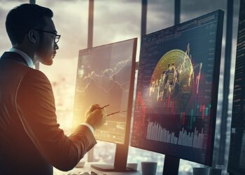 trader observando pantallas con graficos de precio del mercado con moneda de bitcoin en pantalla con velas de precio superpuestas