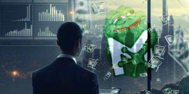 trader observando ventana con graficos de precios proyectados con billetes de dolares cayendo alrededor de PEPE
