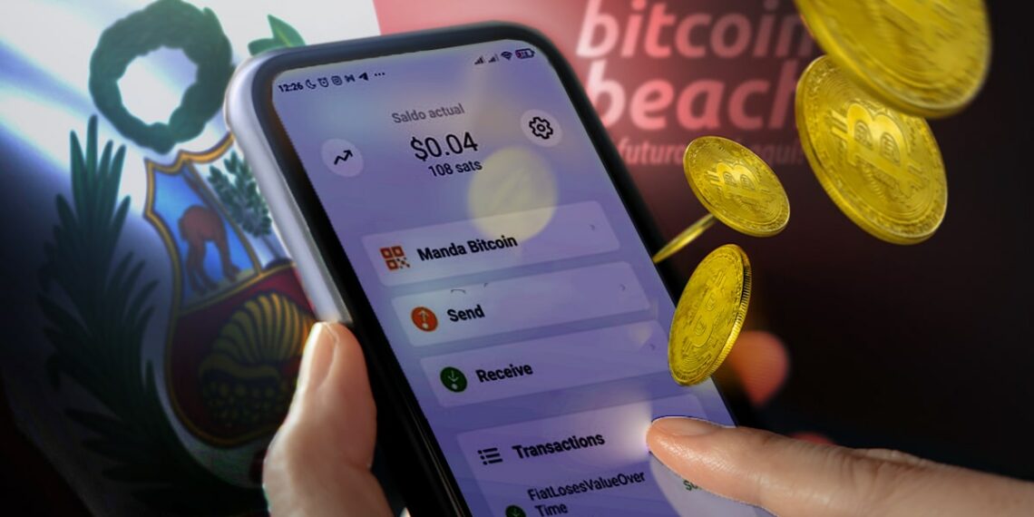 bitcoin beach wallet en pantalla de telefono movil con monedas de bitcoin saliendo y bandera de Perú y logo de Bitcoin Beach en el fondo