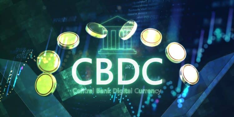 monedas transfiriendose entre telefoos moviles con banco digita y siglas CBDC en el fondo