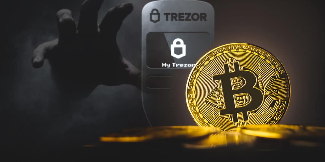 moneda de bitcoin con hardware wallet de Trezor y mano acechando en el fondo