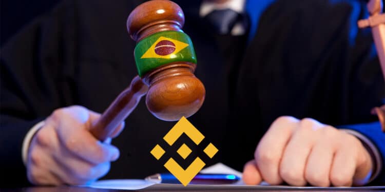 juez sosteniendo martillo con bandera de Brasil sobre logo de Binance