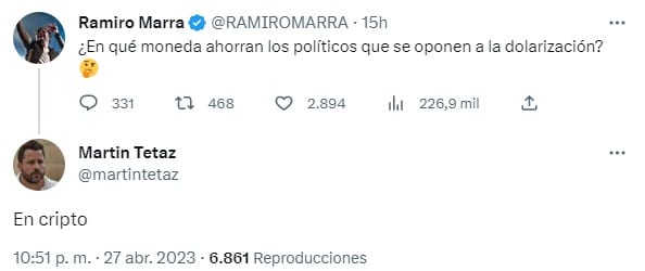 Martin Tetaz responde "en cripto" a ola pregunta presentada por el usuario @RamiroMarra en twitter: "¿En qué moneda ahorran los políticos que se oponen a la dolarización?"