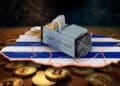 Minero de bitcoin sobre Uruguay con un suelo de bitcoins.