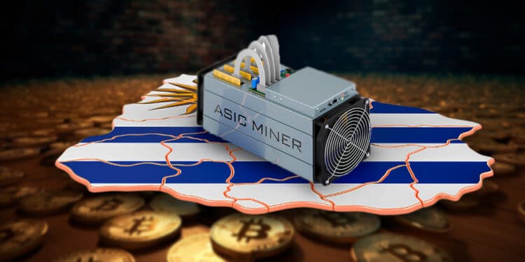 Minero de bitcoin sobre Uruguay con un suelo de bitcoins.