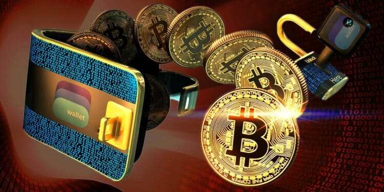 monedas de bitcoin saliendo de billetera digital con logo de Blue wallet en red digital en rojo