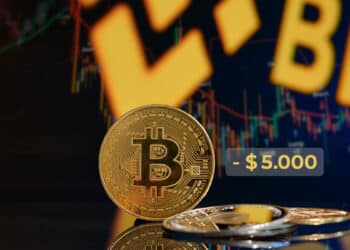 moneda de bitcoin junto a ventala señalando 5.000 dólares menos de precio con grafico de precio y logo de Binance en pantalla al fondo