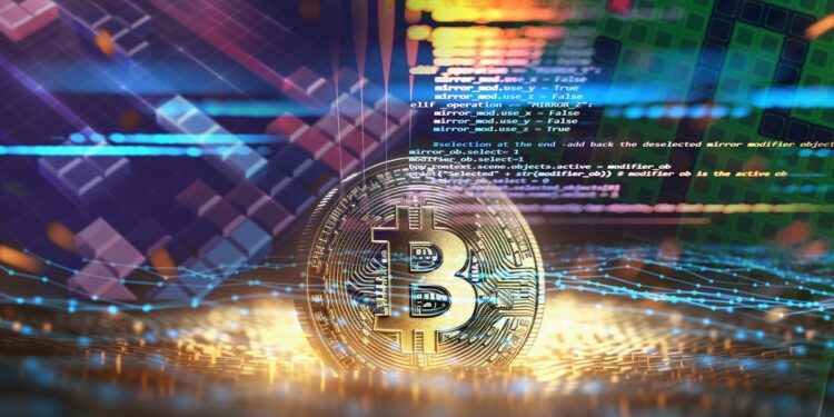 moneda de bitcoin sobre red digital con juegos de tetris y snake insertados en el codigo de fondo