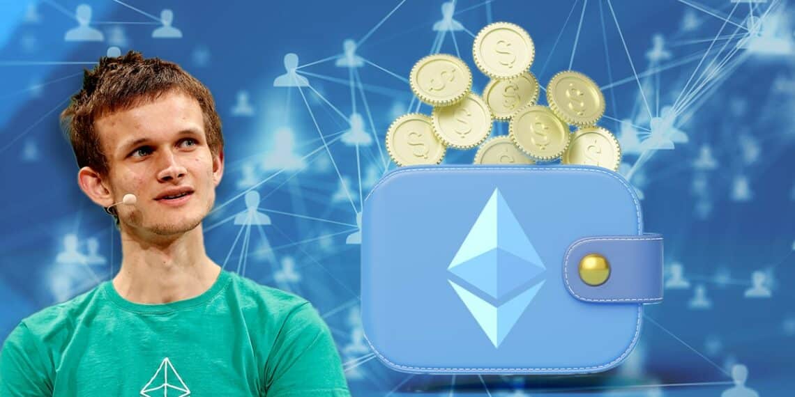 vitalik buterin junto a billetera con monedas digitales y red digital de personas en el fondo