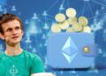 vitalik buterin junto a billetera con monedas digitales y red digital de personas en el fondo