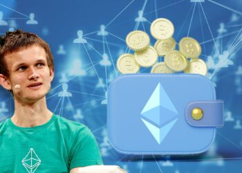 vitalik buterin junto a billetera con monedas digitales y red digital de personas en el fondo