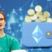 vitalik buterin junto a billetera con monedas digitales y red digital de personas en el fondo