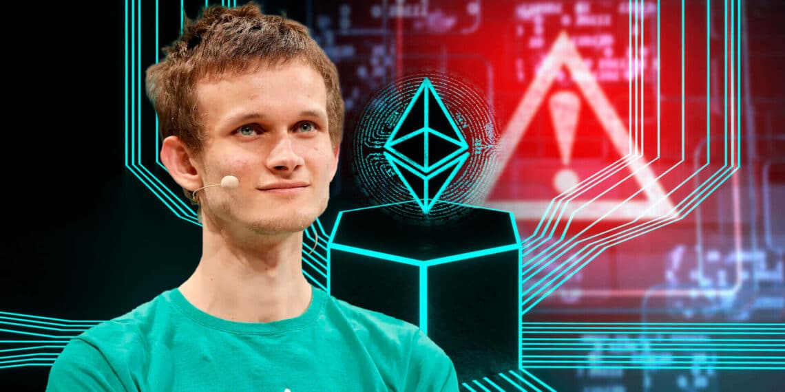 Vitalik Buterin junto a ethereum y símbolo de alerta.