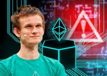 Vitalik Buterin junto a ethereum y símbolo de alerta.