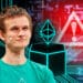 Vitalik Buterin junto a ethereum y símbolo de alerta.