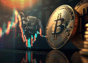 monedas de bitcoin con grafico de precio volatil y osos y toros enfrentandose en el fondo