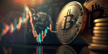 monedas de bitcoin con grafico de precio volatil y osos y toros enfrentandose en el fondo