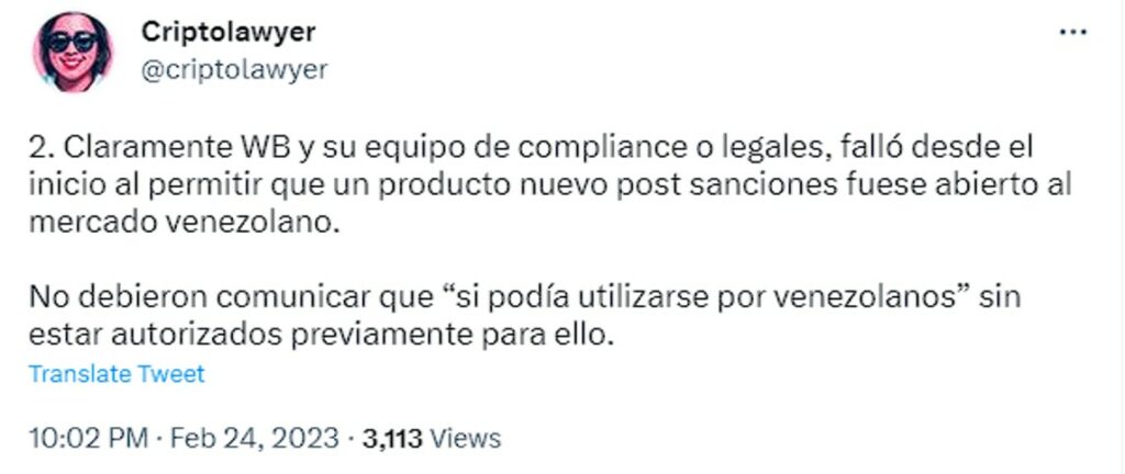 Twitt de criptolawyer sobre Wallbit.