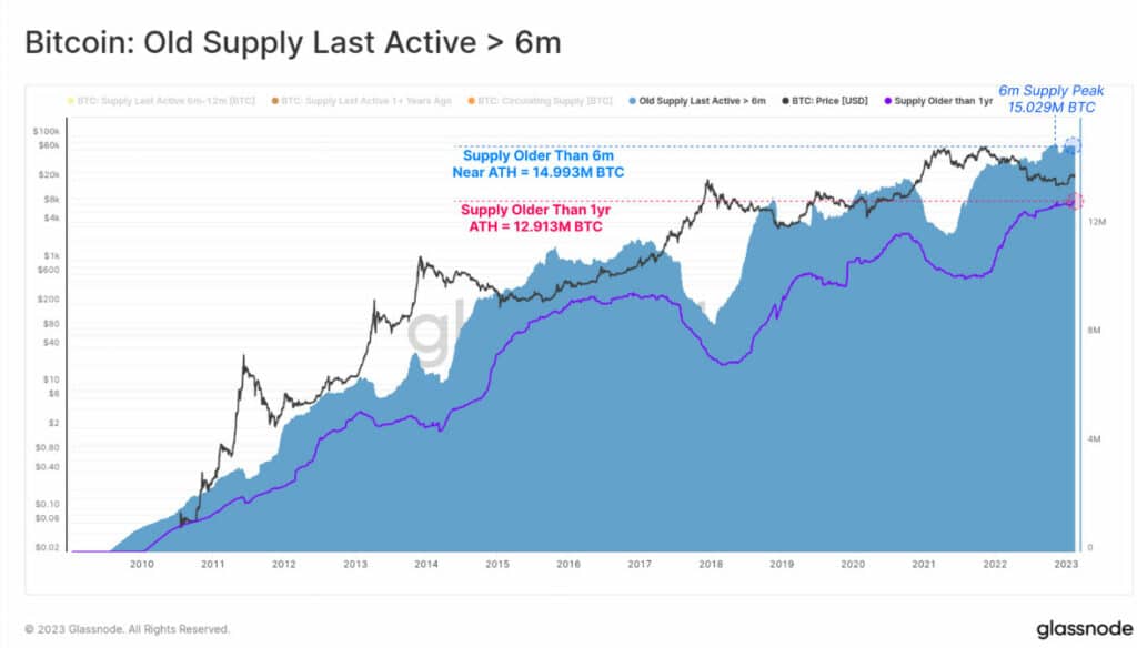 grafico muestra aumento en la cantidad de monedas de bitcoin inactivas por mas de 6 meses