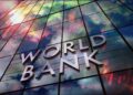 fachada del edificio del banco mundial con grafico de mercado mundial en crisis reflejado
